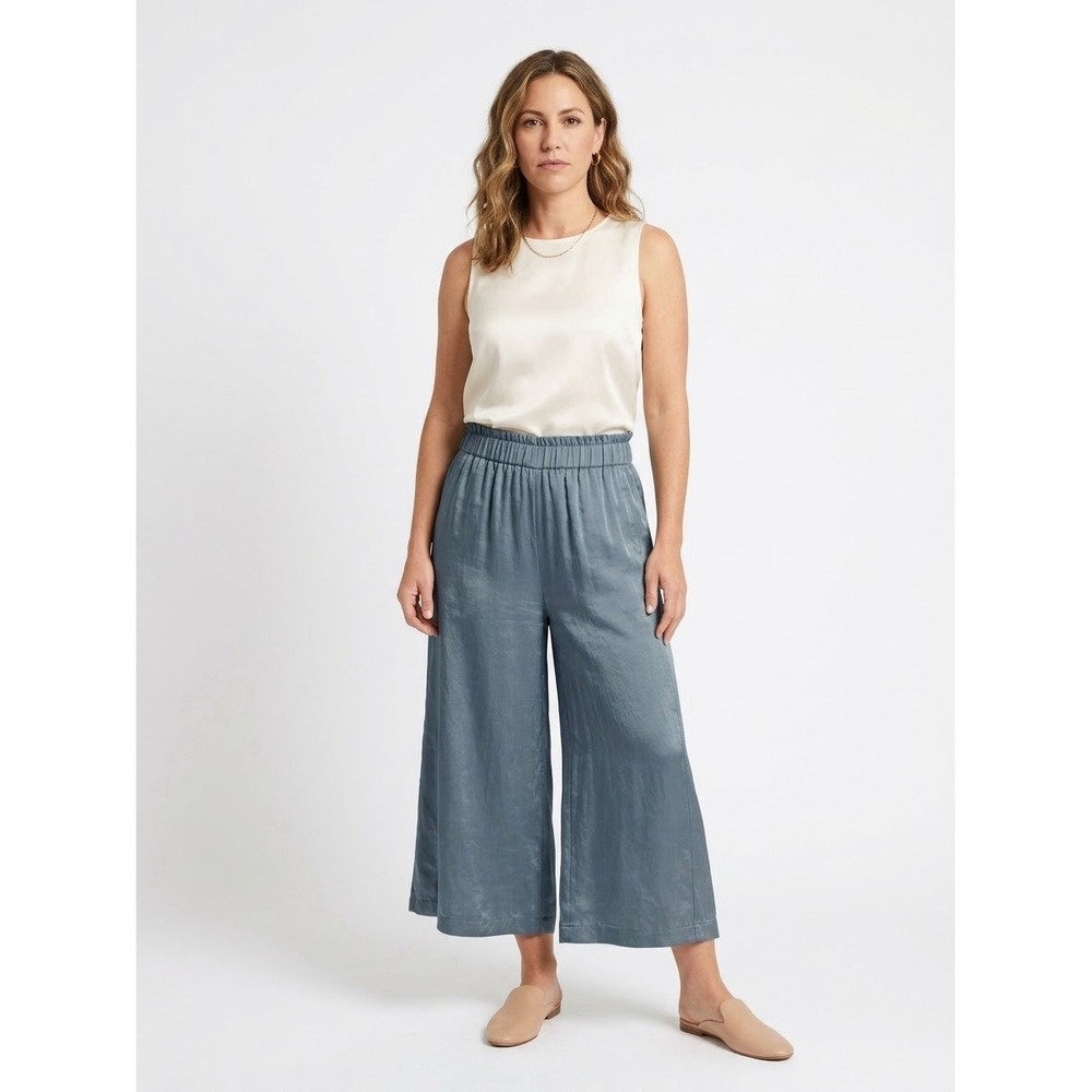 Eileen Fisher Silk Organic Cotton Wide Leg Crop Pants Pull on Elastic Waist S